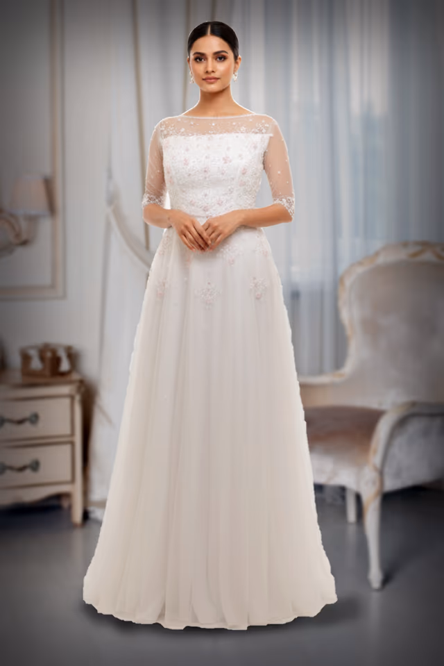 White or Ivory Floral Embroidered Gown with Pearls — back view, rent in Kochi