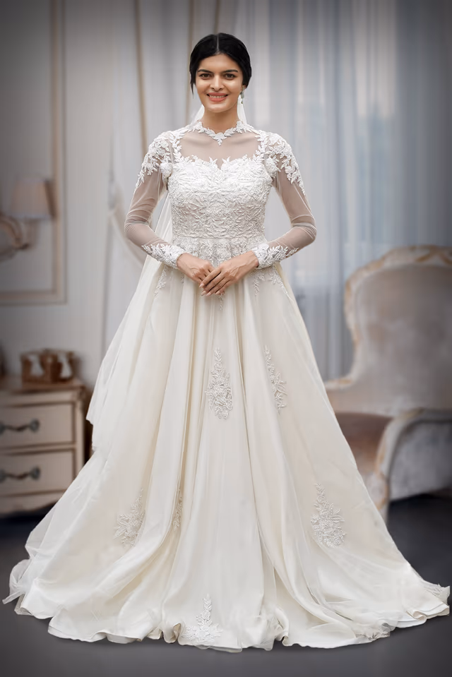 White Lace Worked Christian Bridal Gown With High Neck And Cut Lace Work On Shoulders — back view, rent in Calicut
