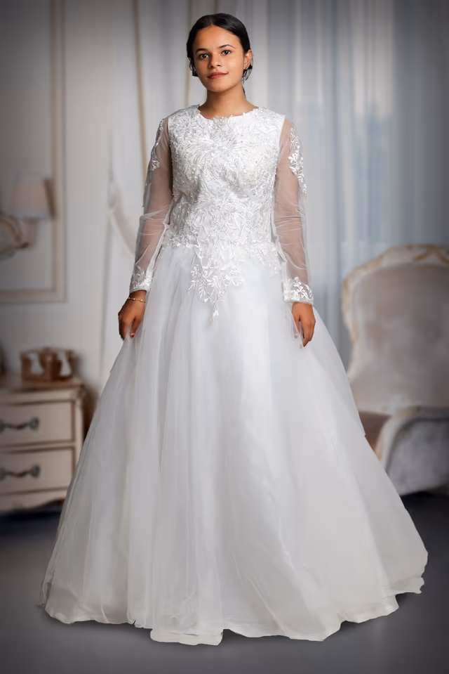 White Bridal Gown With Heavy Lacework Details On Front And Back Yoke Along With Sleeves — back view, rent in Calicut