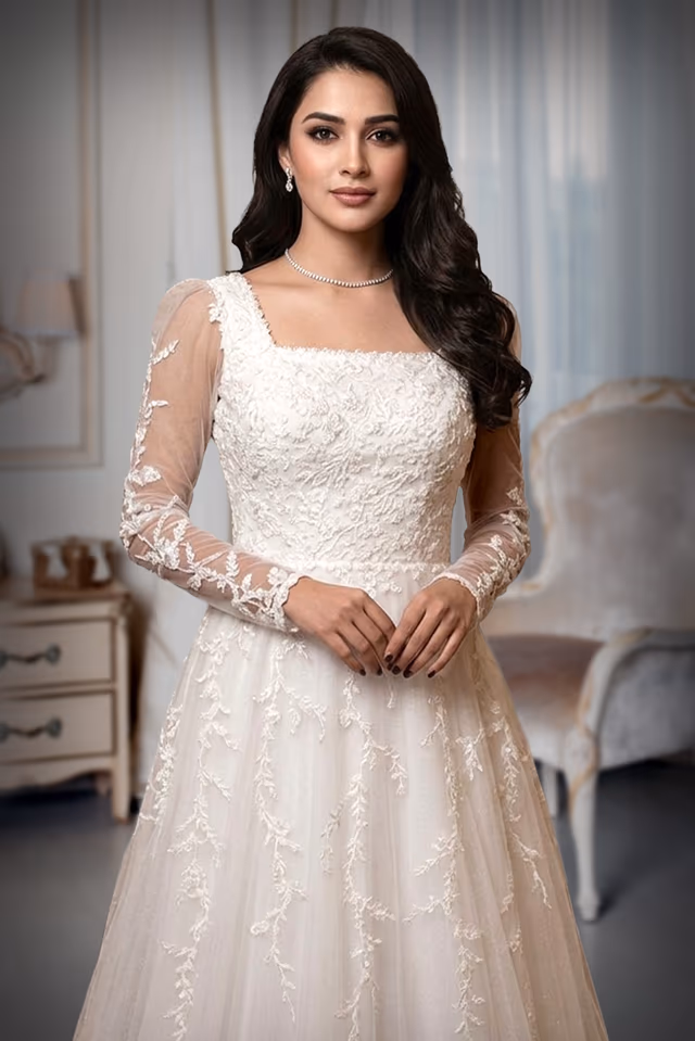 Elegant White Gown with Sheer Sleeves and Intricate Floral Embroidery. — rent in Kochi