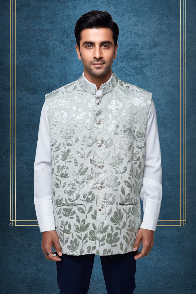 Pista Green Floral Bandi with Subtle Elegance for Festive and Casual Gatherings — back view, rent in Bangalore