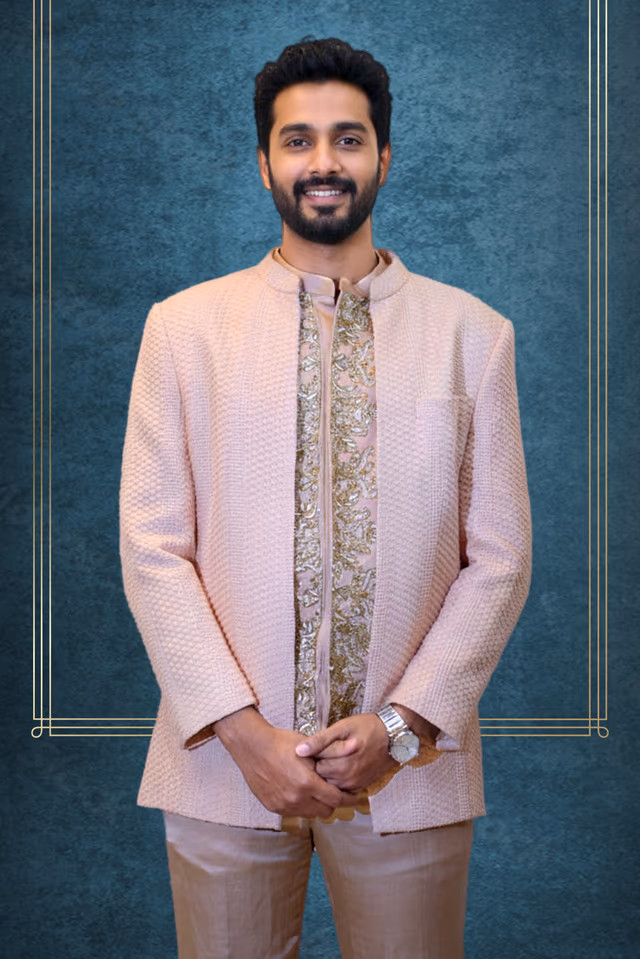 Elegant Peach Textured Jacket with Embroidered Kurta and Straight Pants — back view, rent in Kochi
