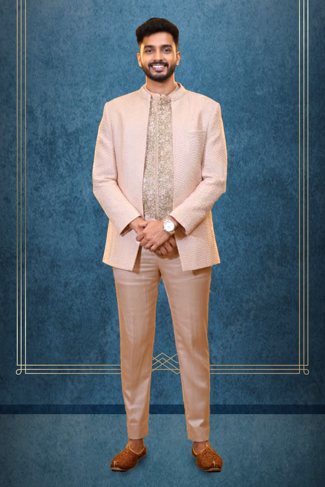 Elegant Peach Textured Jacket with Embroidered Kurta and Straight Pants — rent in Kochi
