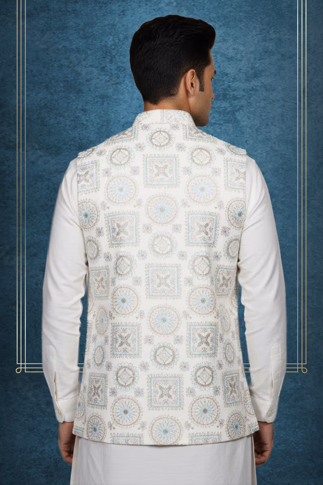 Ivory/Off-white base with Pastel Blue, Peach, and Gold embroidery. — back view, rent in Kochi