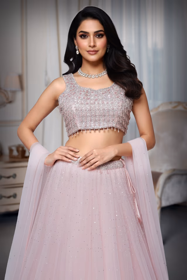 Baby pink lehenga with heavy crystal blouse with random sequence work. — rent in Bangalore