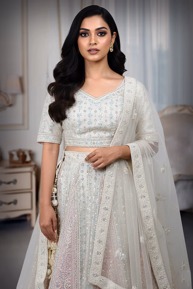 Elegant beige and pink lehenga, blazes with intricate embroidery and shimmering sequins — rent in Calicut