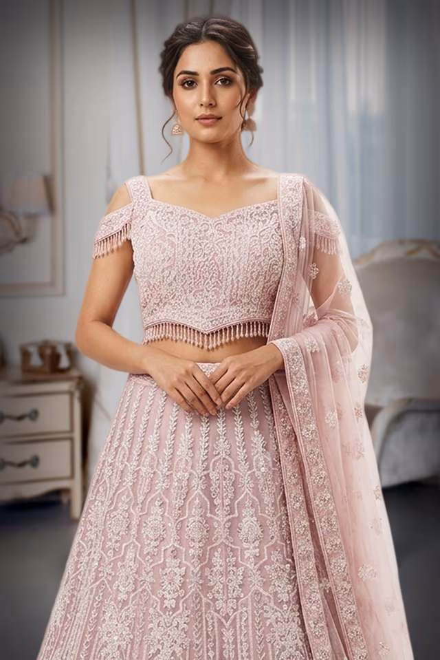 Blush pink heavy embroidered lehenga with elegnat net dupatta — rent in Bangalore