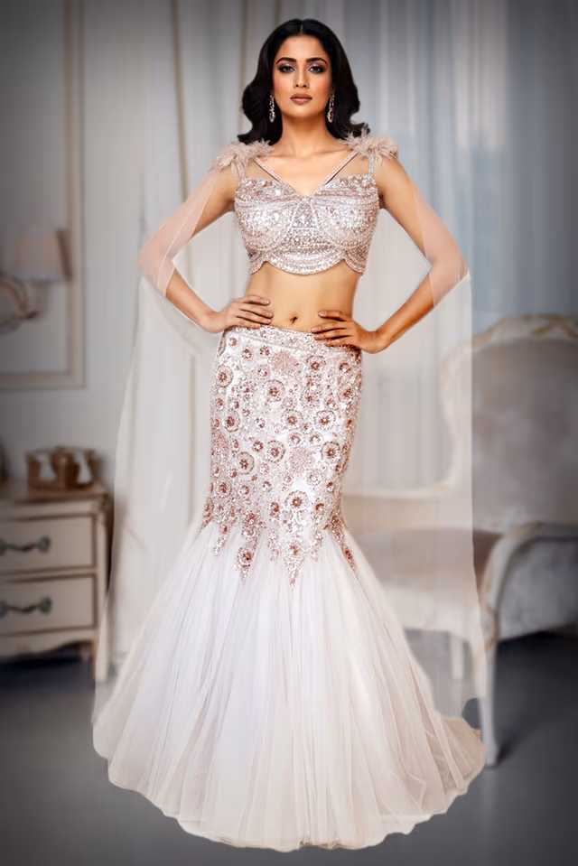 Blush Sequin Mermaid Gown with Cape Sleeves — back view, rent in Bangalore