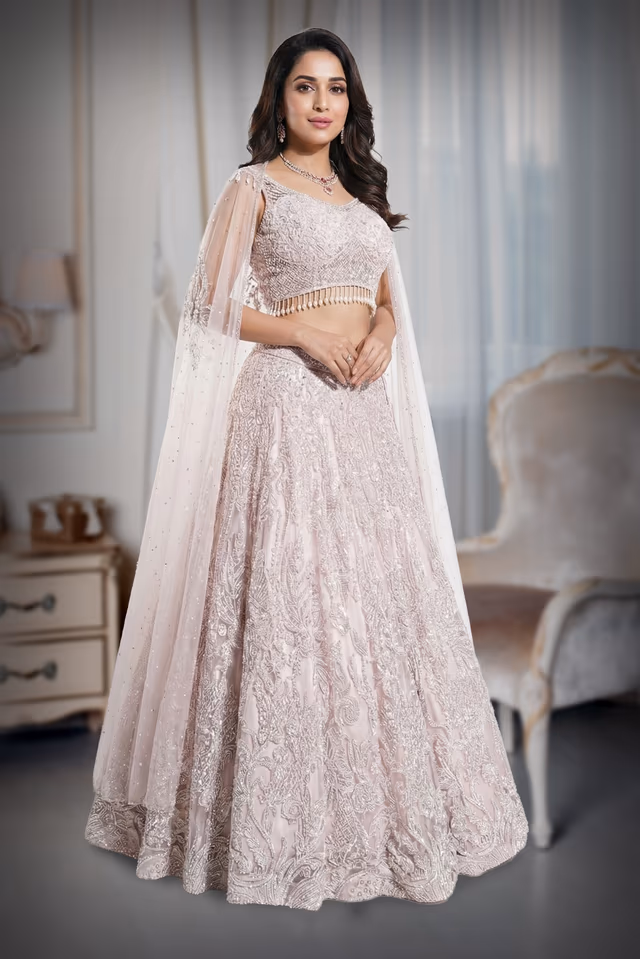 Contemporary Lehenga in blush pink wing sleeves — back view, rent in Bangalore