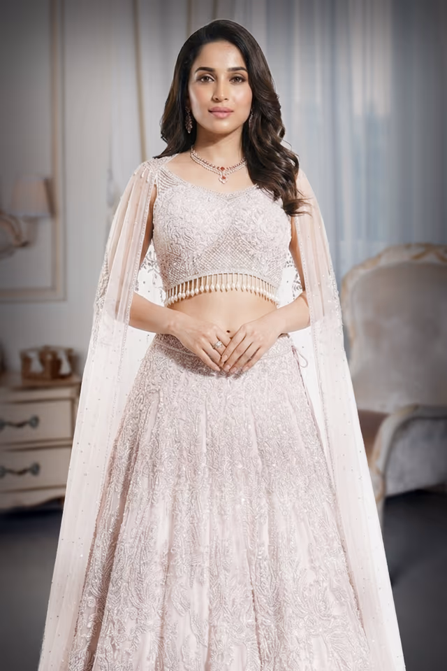Contemporary Lehenga in blush pink wing sleeves — rent in Bangalore