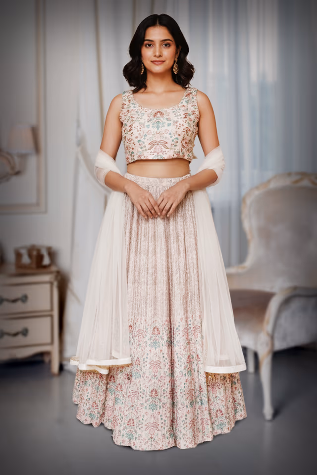 Cream Cotton Printed Lehenga Set with Stylish Contemporary Blouse — back view, rent in Bangalore