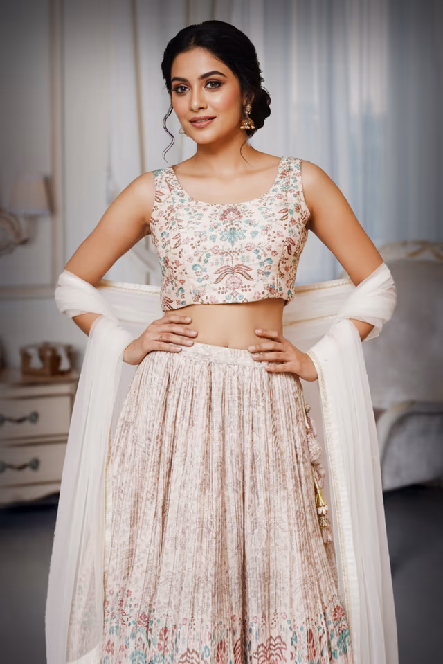 Cream Cotton Printed Lehenga Set with Stylish Contemporary Blouse — rent in Bangalore