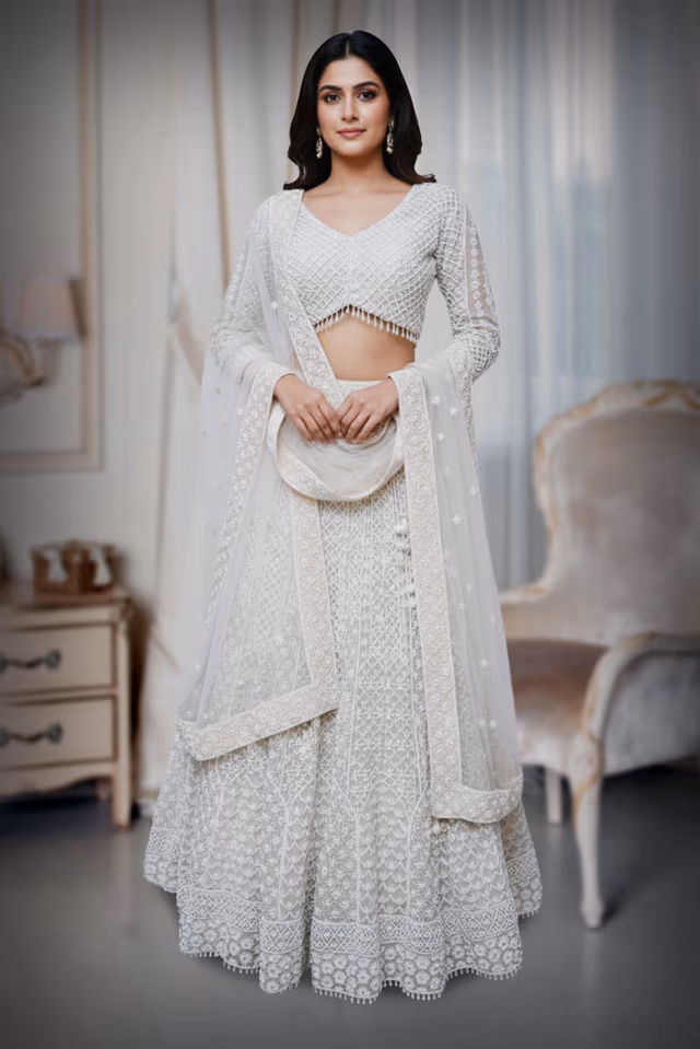 Floral patterned pearl lehenga set — back view, rent in Bangalore