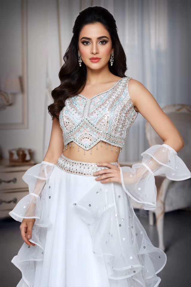 Minimal mirror white lehenga — rent in Bangalore