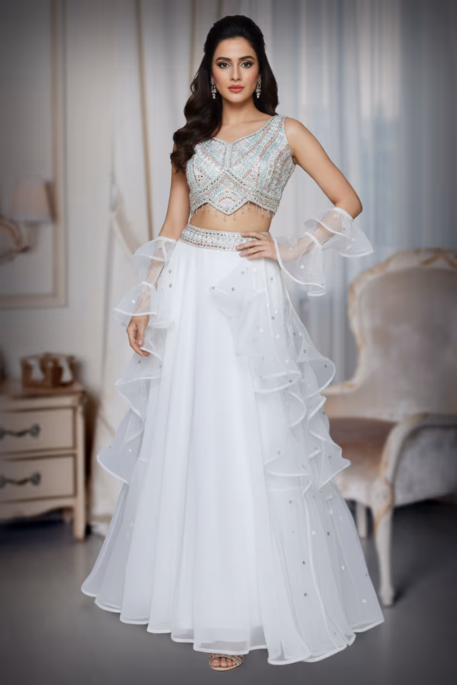 Minimal mirror white lehenga — back view, rent in Bangalore