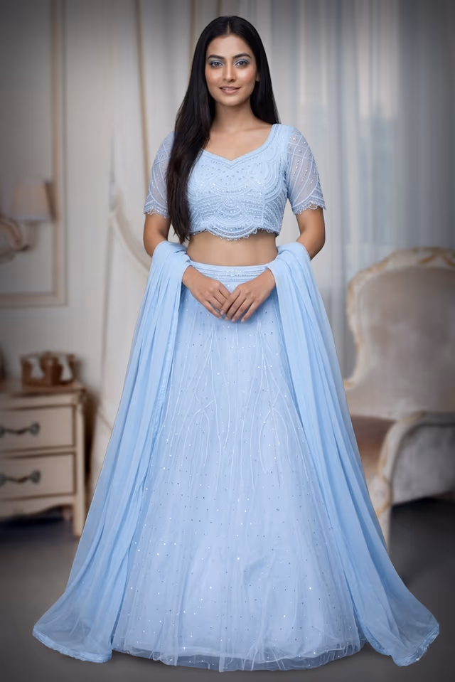 Powder Blue Net Lehenga With Threadwork And Stone Work Details — back view, rent in Bangalore