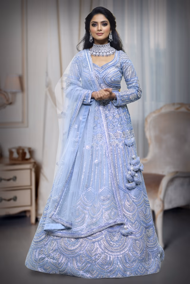Steel Greyish blue Designer Lehenga ,Skirt Heavy worked with pearls and stones ,Fulll… — back view, rent in Coimbatore