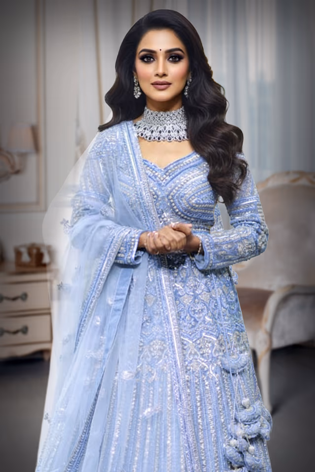 Steel Greyish blue Designer Lehenga ,Skirt Heavy worked with pearls and stones ,Fulll sleeve tops… — rent in Coimbatore
