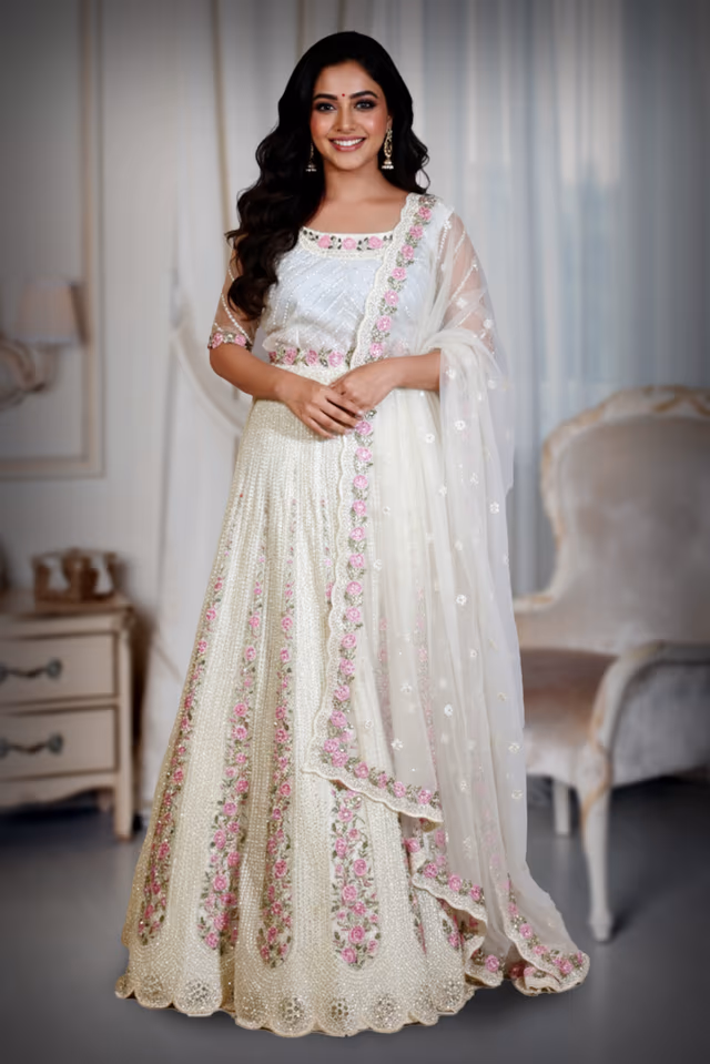 White colour Heavy Threadwork Detailing In Floral Motif  Along With Detailed Dupatta And Blouse — back view, rent in Calicut