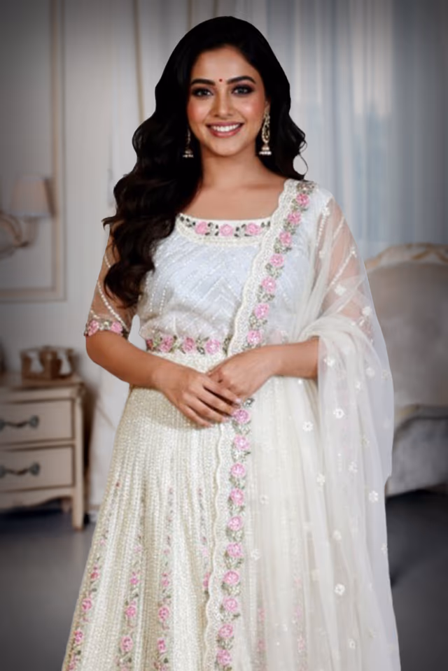 White colour Heavy Threadwork Detailing In Floral Motif  Along With Detailed Dupatta And Blouse — rent in Calicut