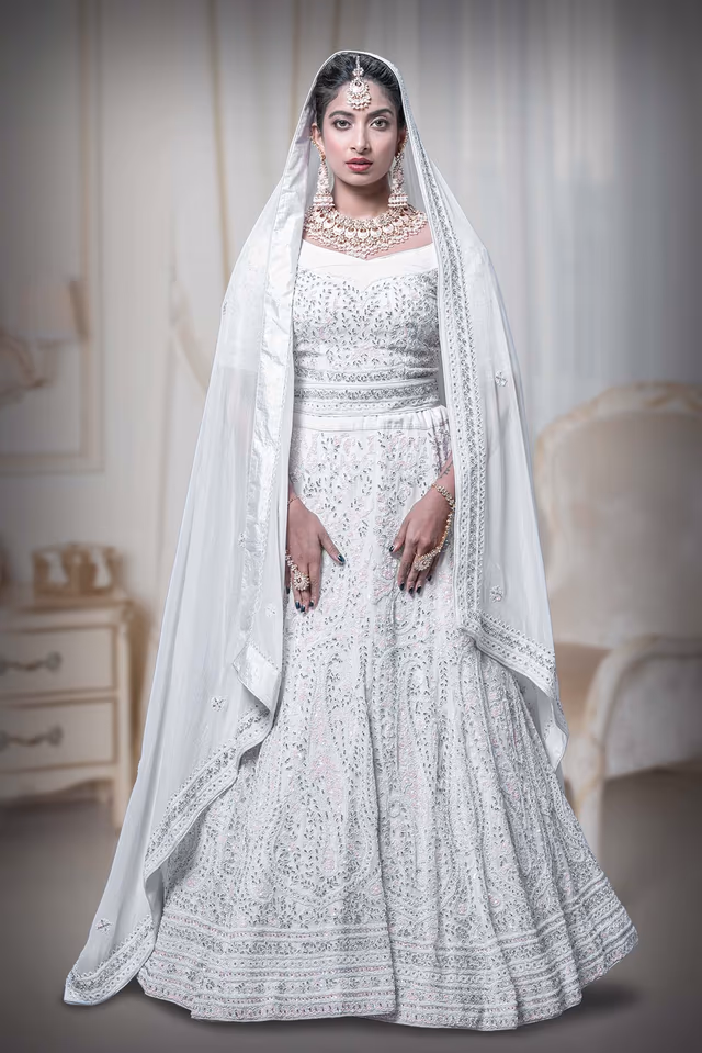 white georgette lehenga — back view, rent in Coimbatore