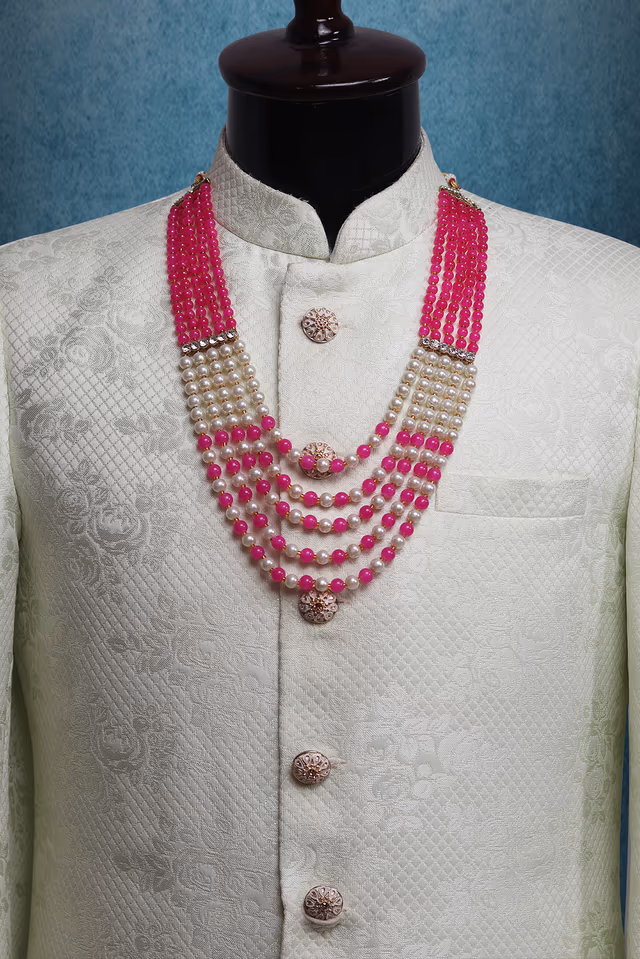 Dark Pink And White Multisize Beads Combination Mothi Mala With 5 Layers — rent in Calicut