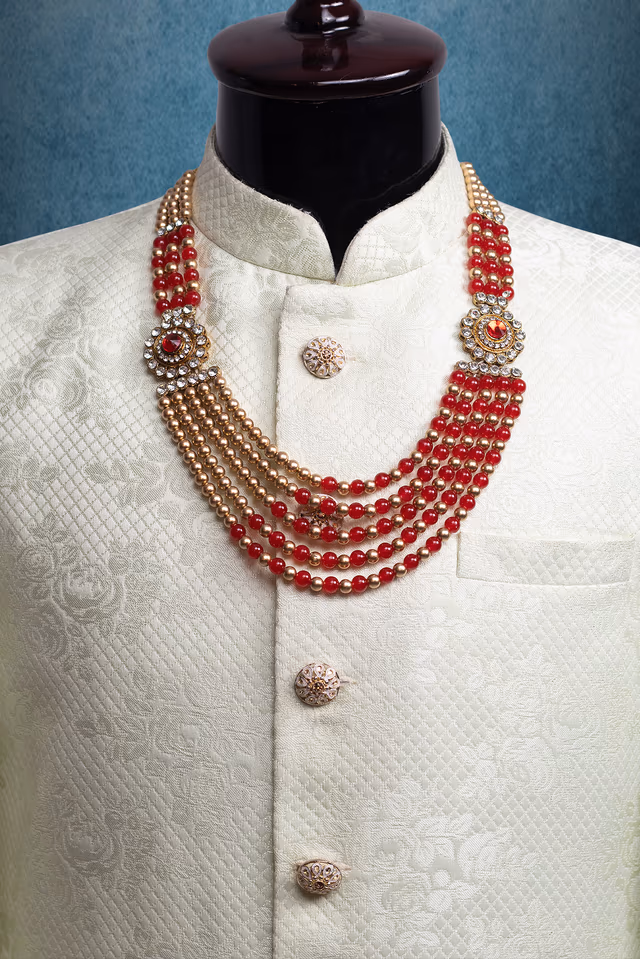 Five Layered Mothi Mala With Two Kundan Lockets and Chains Filled with Ruby Red and Golden Mothis — rent in Calicut