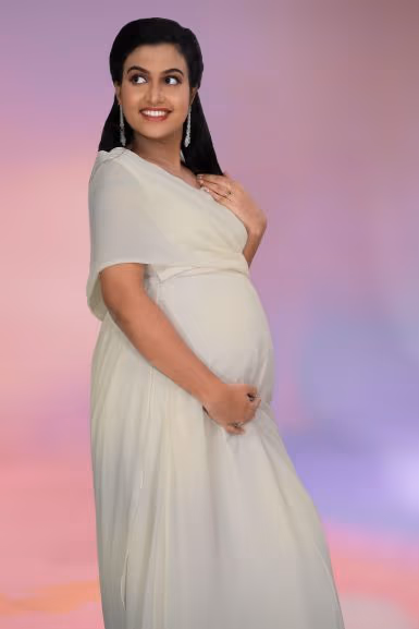 Off white overlap long trail gown — rent in Calicut