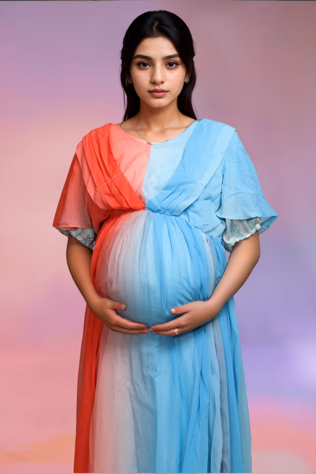 Peach And Blue Maternity Gown With Circular Sleeve Details — rent in Calicut