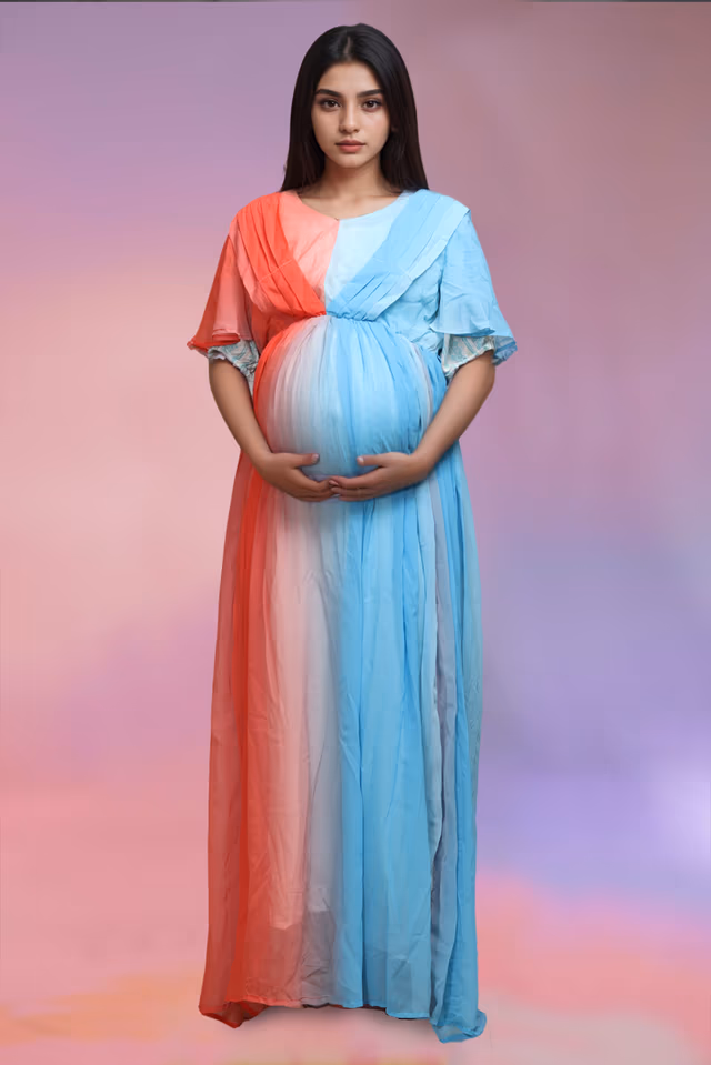 Peach And Blue Maternity Gown With Circular Sleeve Details — back view, rent in Calicut