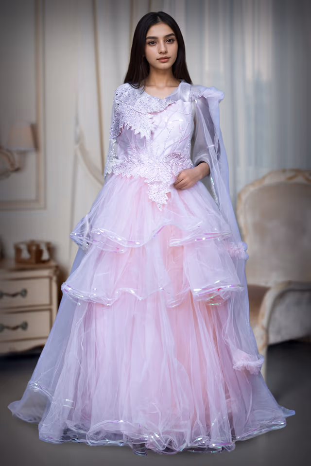 Pastel Peach Layered Net Gown With Detailed Work In Yoke Part — back view, rent in Coimbatore