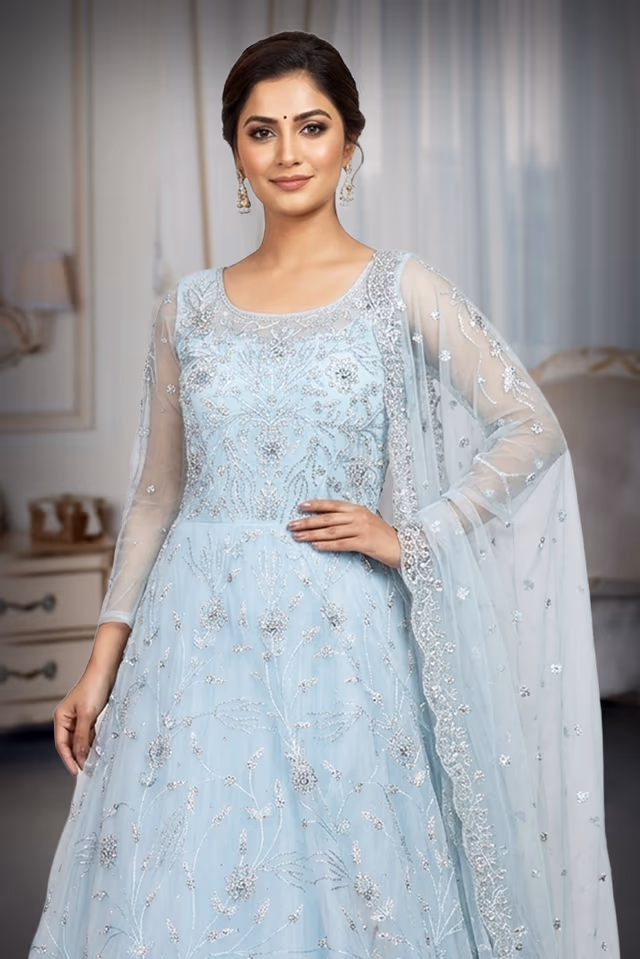 Baby Blue Heavy Threadwork Embellished Bridal Gown  With Long Cape Sleeve — rent in Kochi