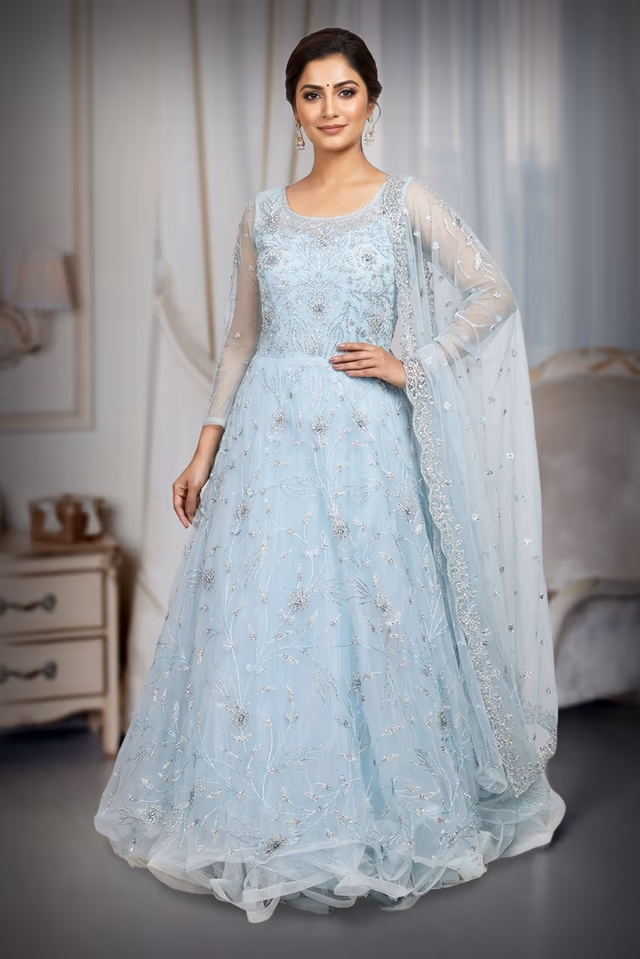 Baby Blue Heavy Threadwork Embellished Bridal Gown  With Long Cape Sleeve — back view, rent in Kochi