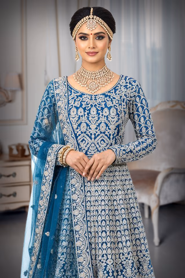Heavily Embroidered Teal and White Arabic Lehenga with Intricate Zari Work — rent in Kochi