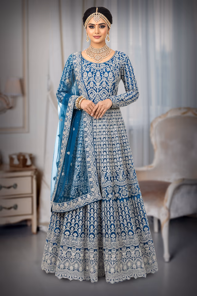 Heavily Embroidered Teal and White Arabic Lehenga with Intricate Zari Work — back view, rent in Kochi
