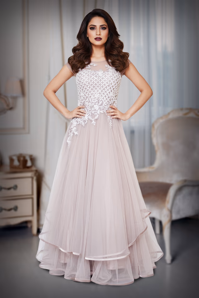 Lavander gown with thread and pearl work — back view, rent in Bangalore