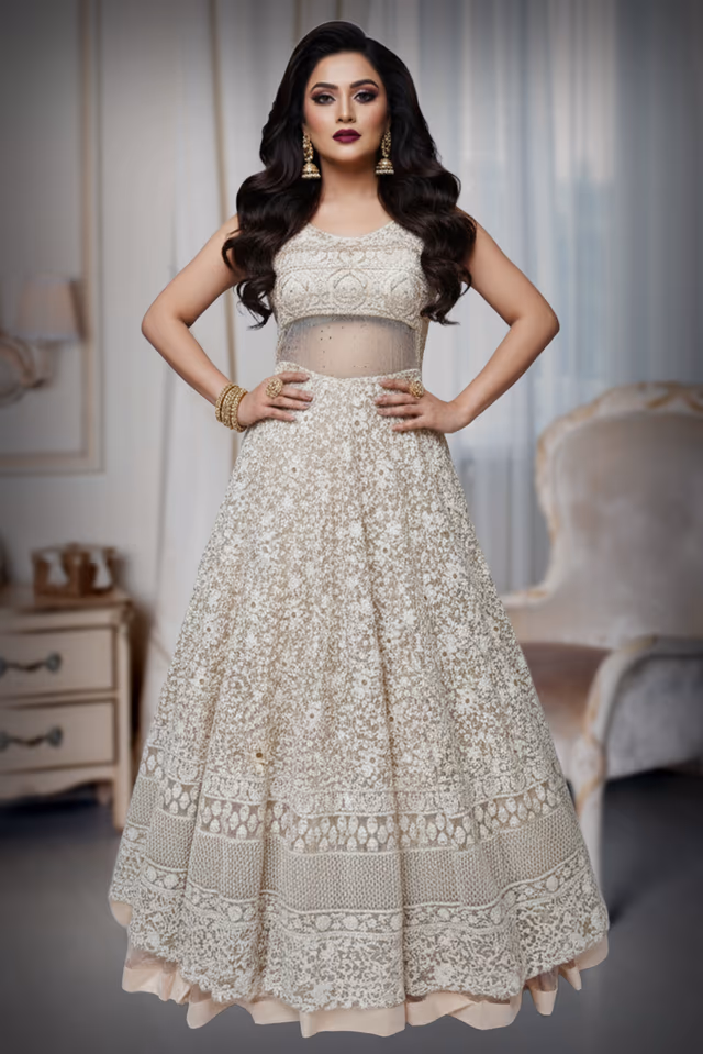 Lemon Yellow Netted Gown with Lace Work and All Over Floral Design — back view, rent in Bangalore
