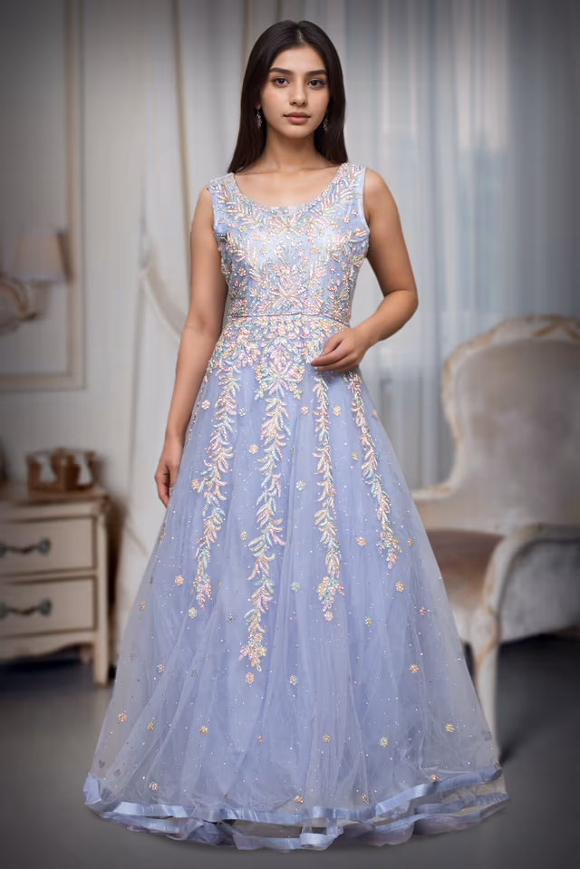 Light Lavender Net Gowm With Multi Color Threadwork Details — back view, rent in Coimbatore