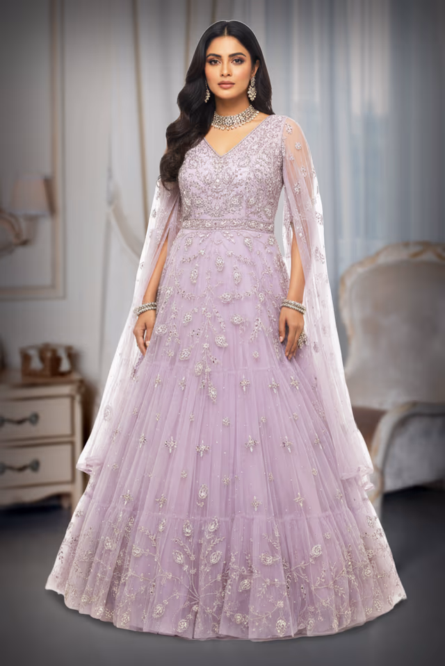 Light Lavender Tule Gown , Mirror worked with a Flowy Sleeves — back view, rent in Coimbatore