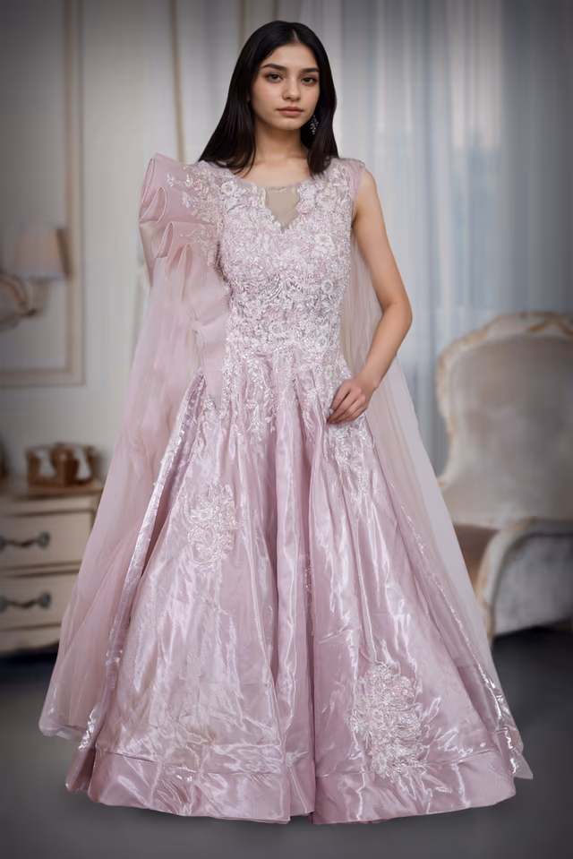 Lilac A Line Light Scattered Embroidered Gown — back view, rent in Bangalore