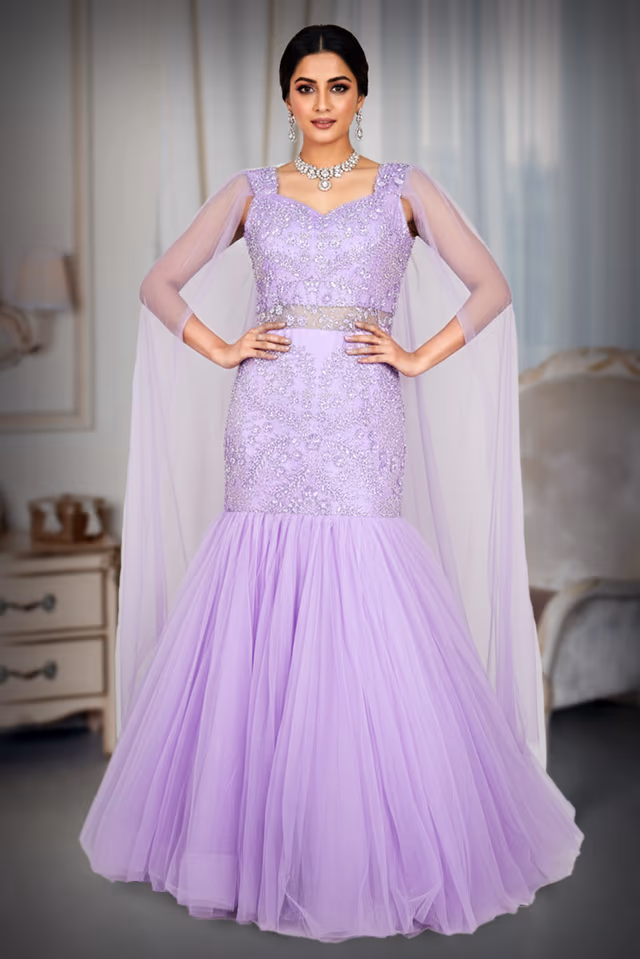 Lilac Mermaid-Style Gown — back view, rent in Bangalore