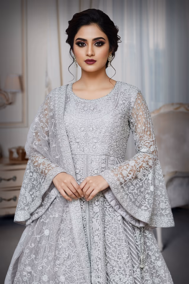 Lilac with white sharara in netted fabric — rent in Bangalore