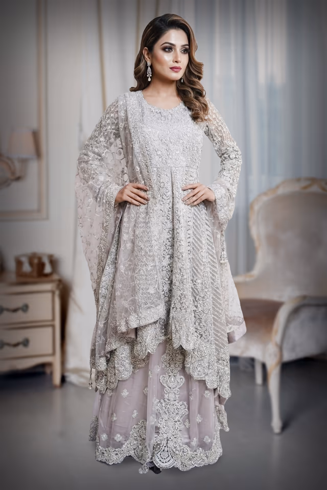 Lilac with white sharara in netted fabric — back view, rent in Bangalore