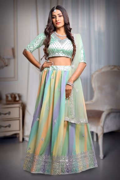 Mint Green Georgette lehenga With Heavy Detailed Deepcut blouse and Vibrant Ombre colour… — back view, rent in Bangalore
