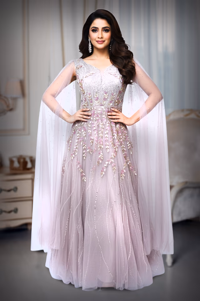 Netted Gown with a 3D embroired — back view, rent in Bangalore