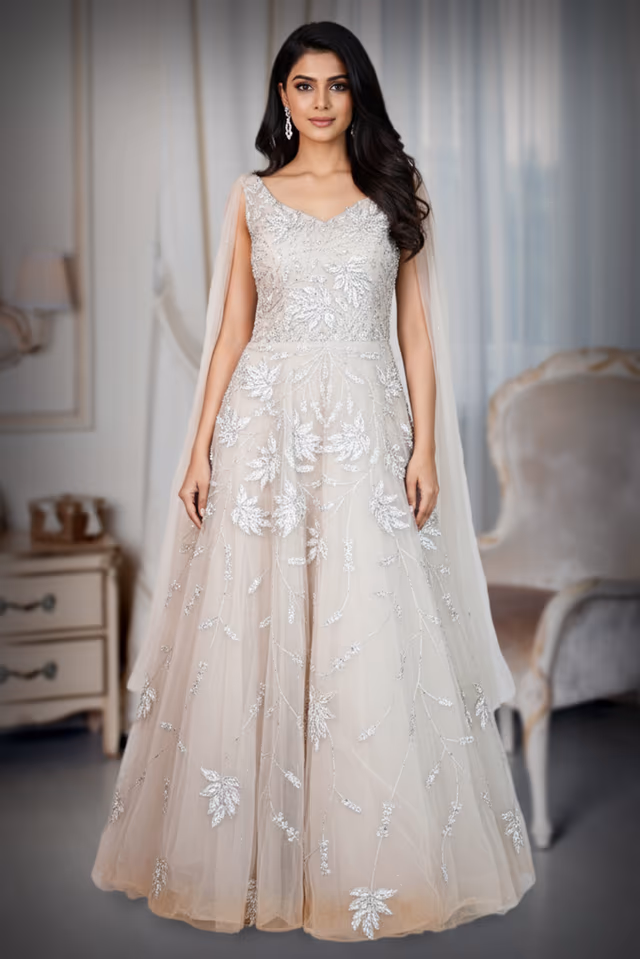 A Nude-Toned Embellished Gown — back view, rent in Bangalore