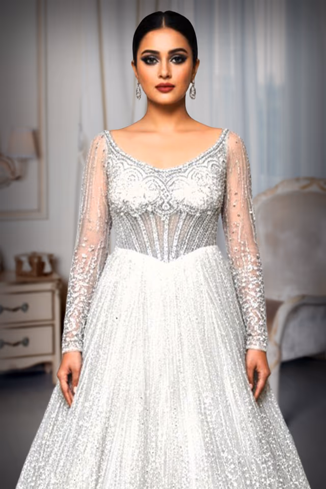 Plunging V Neck Bridal Gown with All Over Stone and Bead Handwork — rent in Bangalore