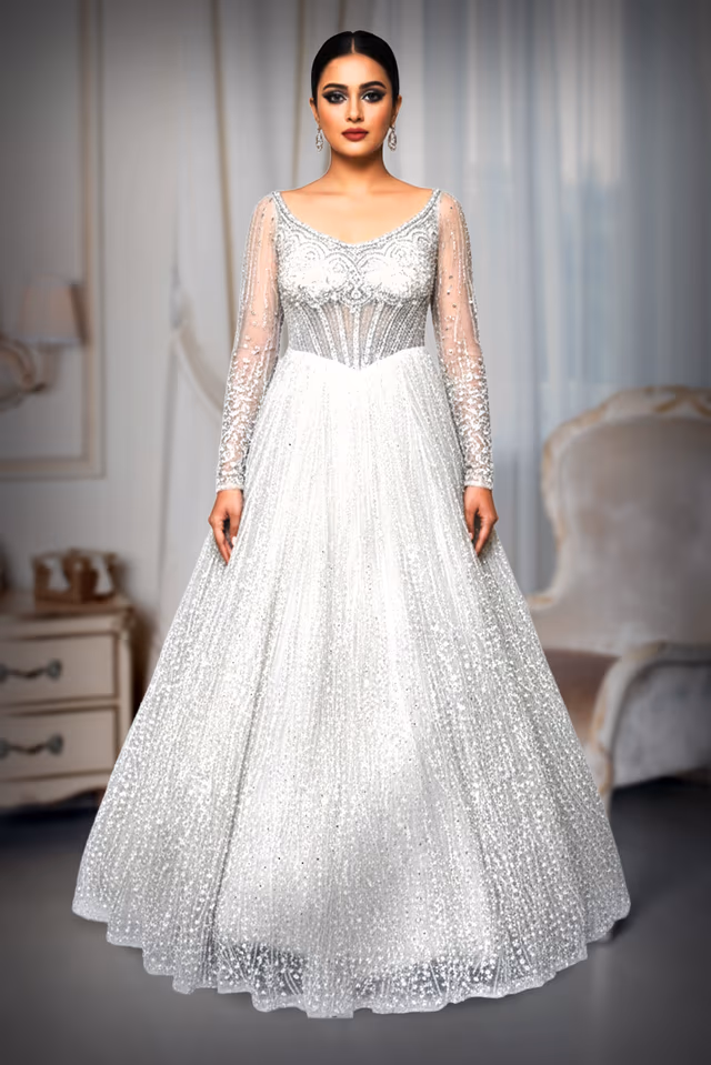 Plunging V Neck Bridal Gown with All Over Stone and Bead Handwork — back view, rent in Bangalore