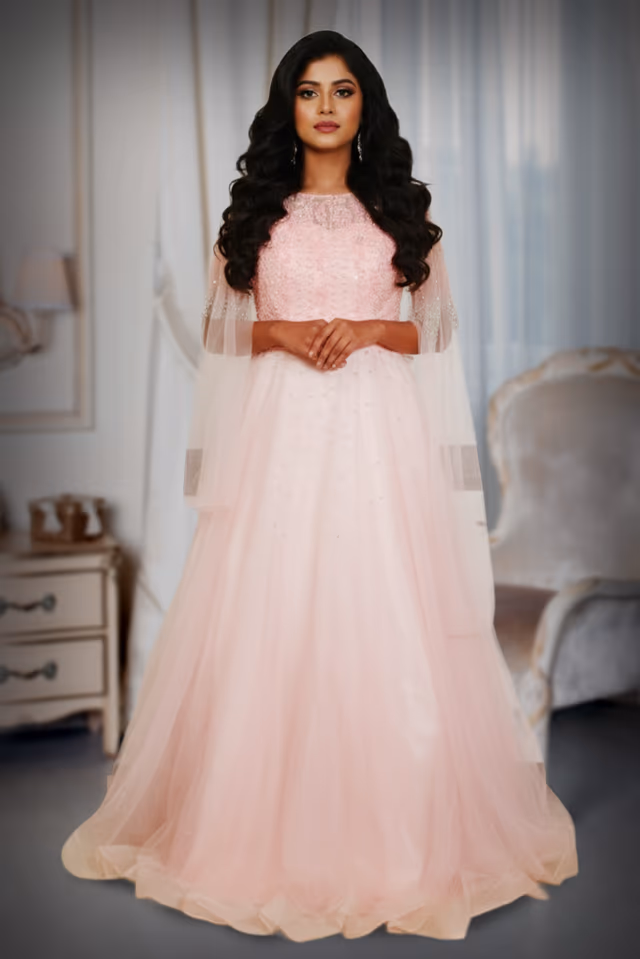 Soft Pink Gown Features Beads Details, Creating A Graceful And Luxurious Appearance — back view, rent in Calicut
