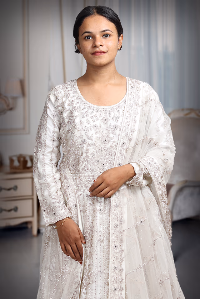 White Pre Wedding Gown With Thread And Sequins Embroidery All Over The Gown — rent in Calicut